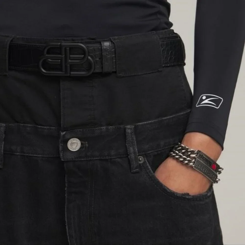 New Authentic Balenciaga BB Logo Buckle Croc Embossed Leather Skinny Belt - Picture 5 of 14